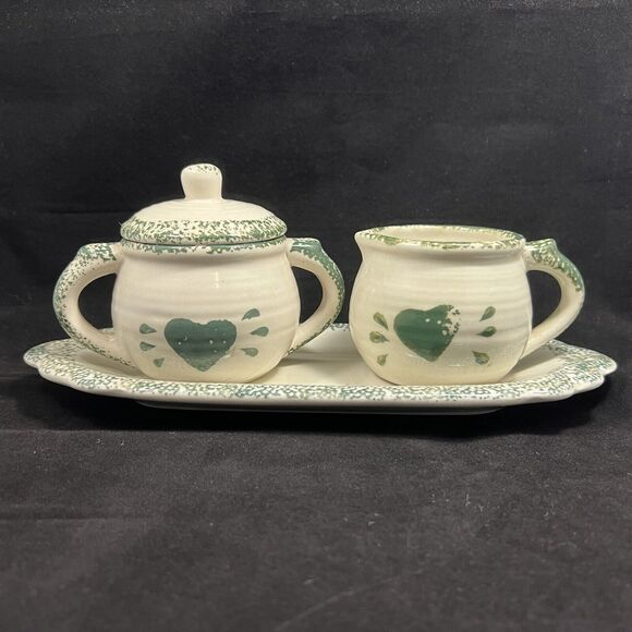 Sponge Folk Art Green Cream And Sugar Set With Tray - Picture 1 of 16